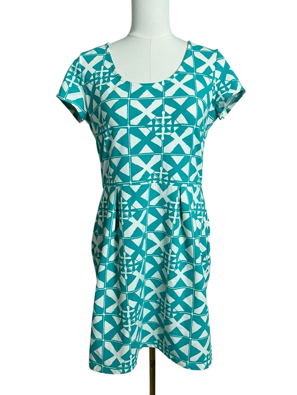 Mahi Gold Teal Geometric Stretch Cotton Shift Dress Large Beach Resort Cruise